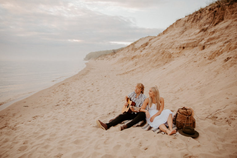 Beachside Guitar Engagement Session – Grand Haven, Michigan